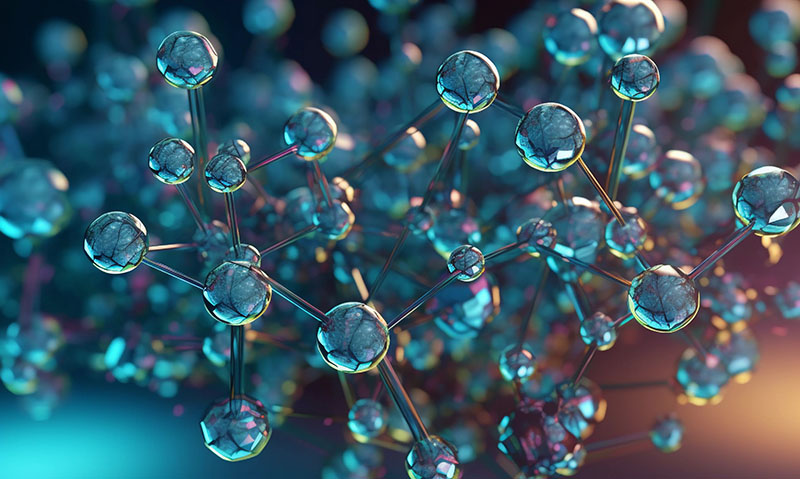 A close up of a molecular structure with many small spheres on it
